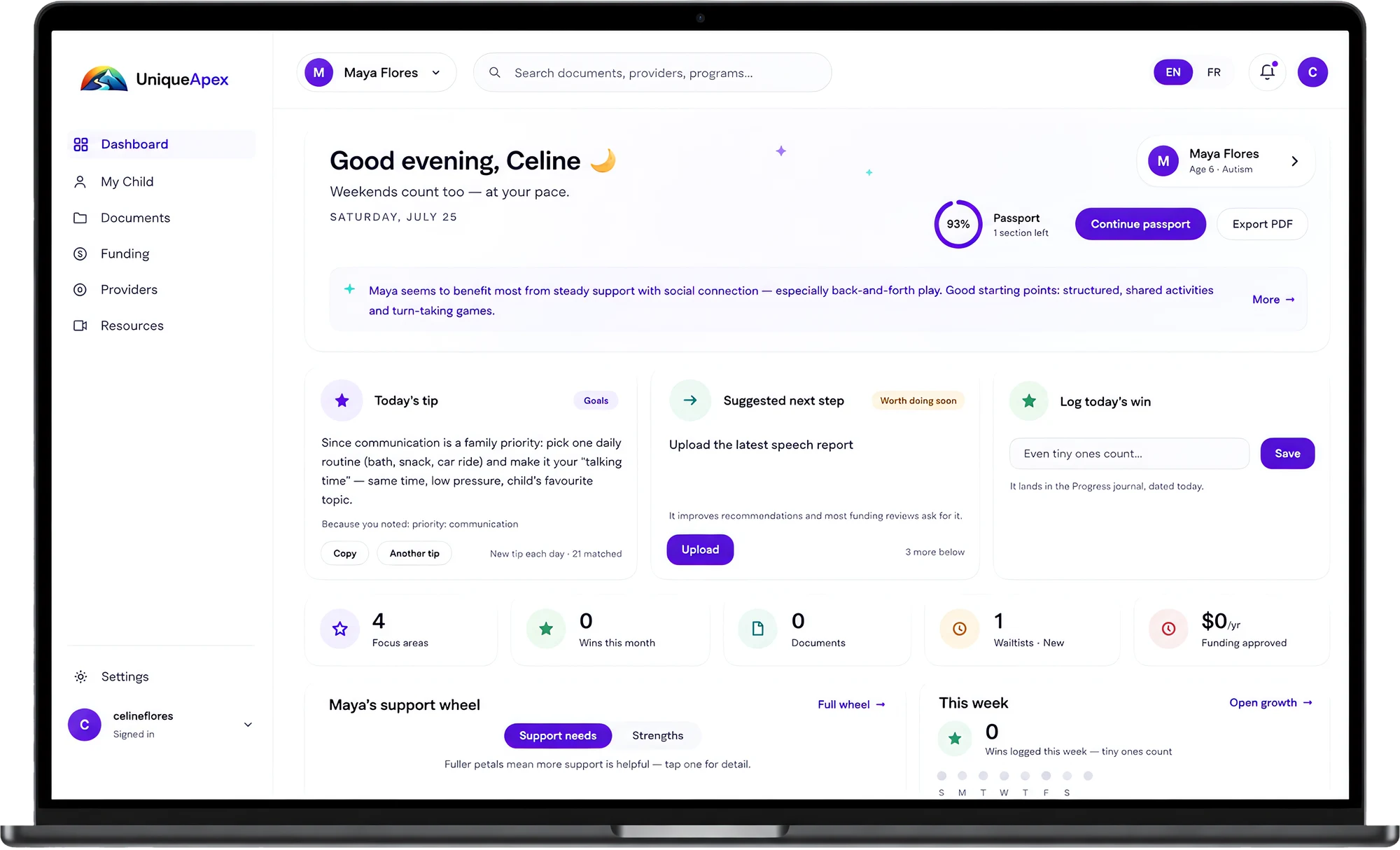 The UniqueApex dashboard on a laptop — passport progress, today's tip, suggested next steps and the support wheel, all in one place.