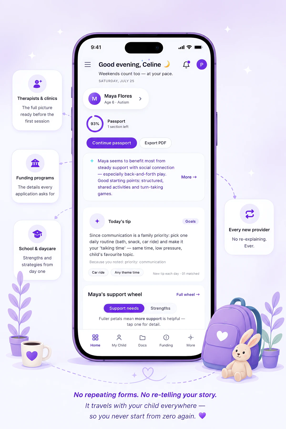UniqueApex app preview on a phone: add your child, fill out the Family Passport once, and watch their support wheel come to life.