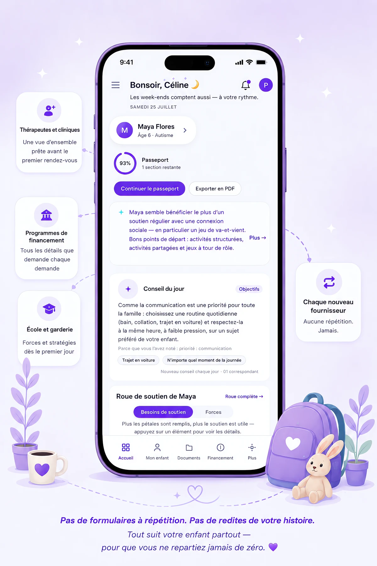 Aperçu de l'application UniqueApex sur un téléphone : ajoutez votre enfant, remplissez le Passeport familial une seule fois, et voyez sa roue de soutien prendre vie.